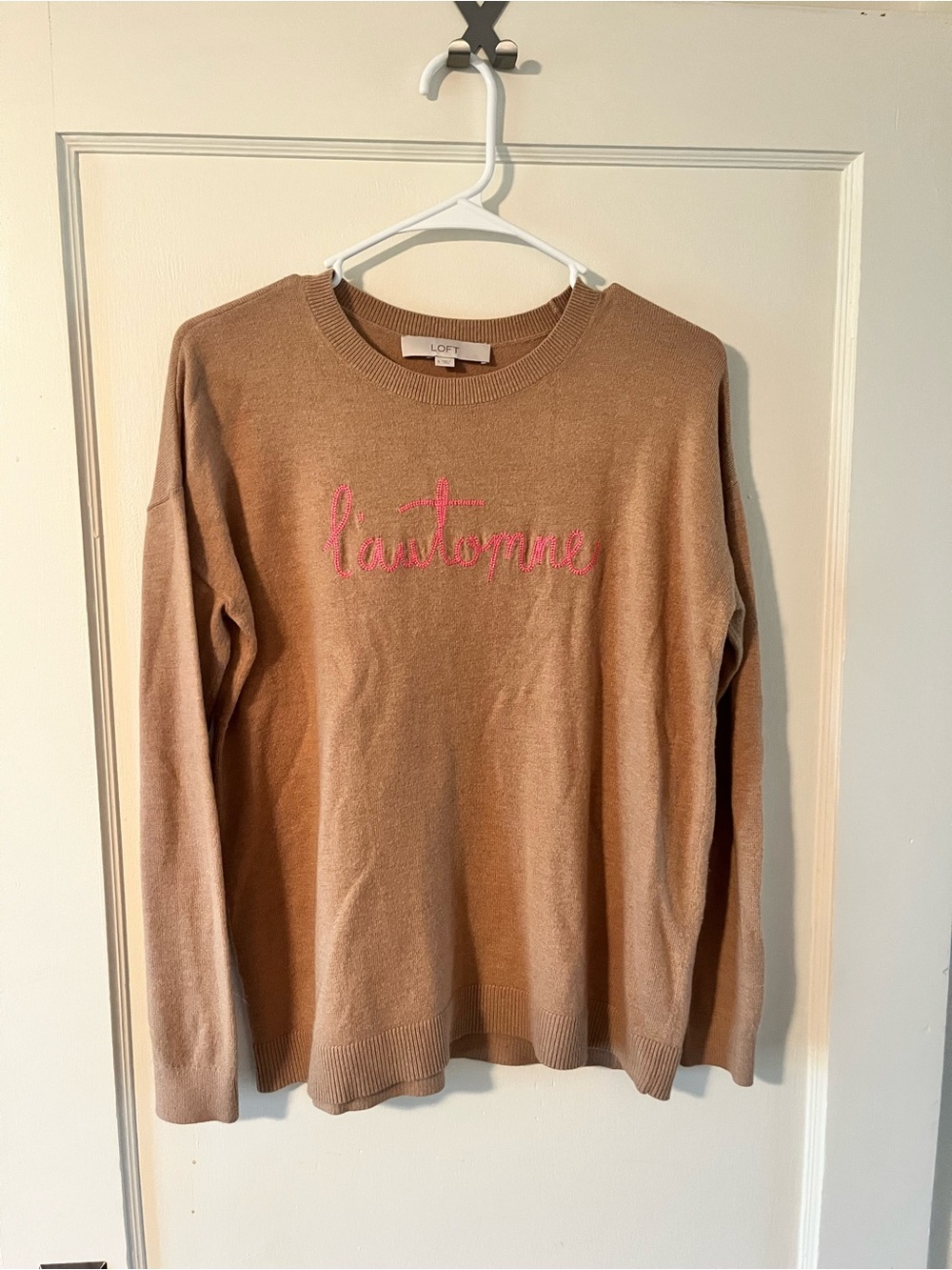 LOFT Tan Crewneck Sweater with Pink Script